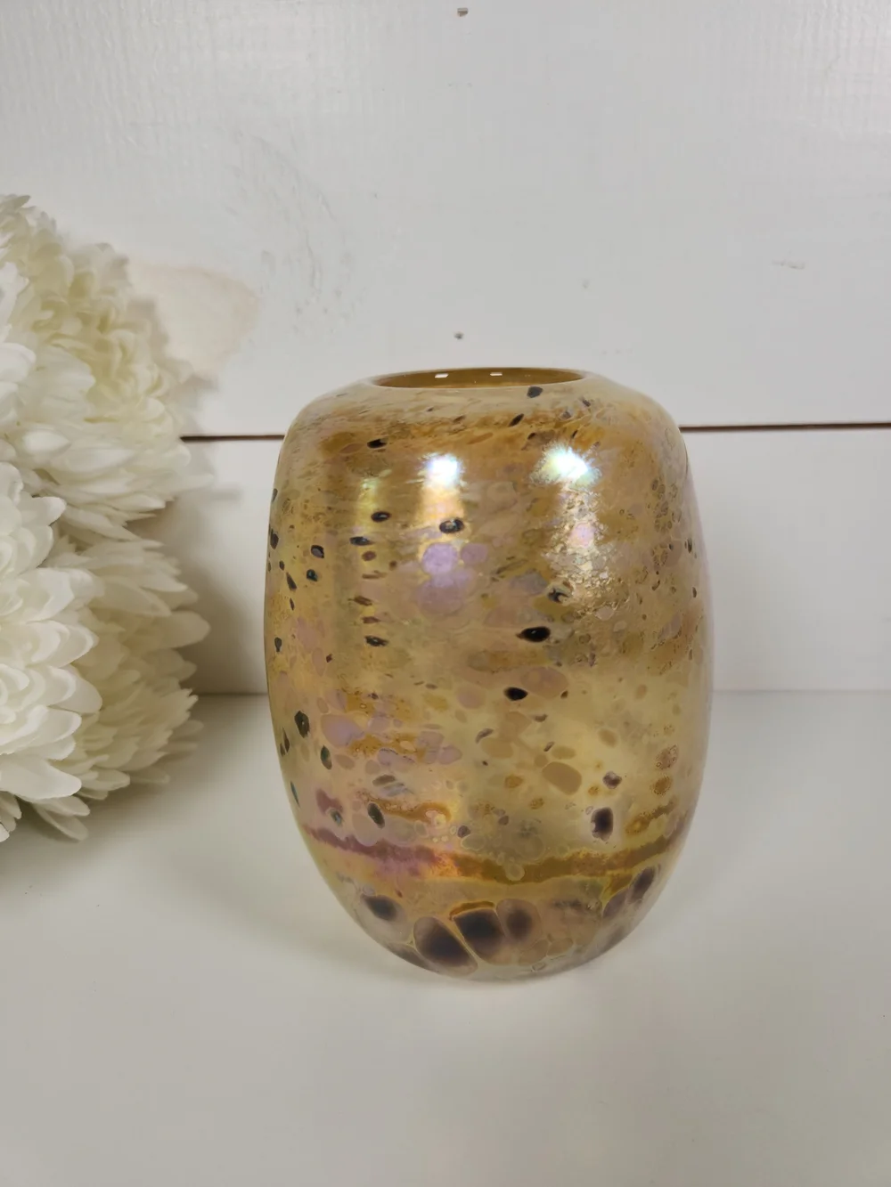 Vintage Hand Blown Iridescent Art Glass Vase, Signed | Confetti Glass Vessel